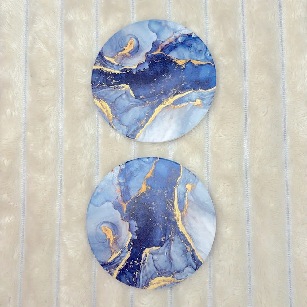 6 Pcs Navy Blue and Gold Marble Abstract Ceramic Coasters with Gold Holder